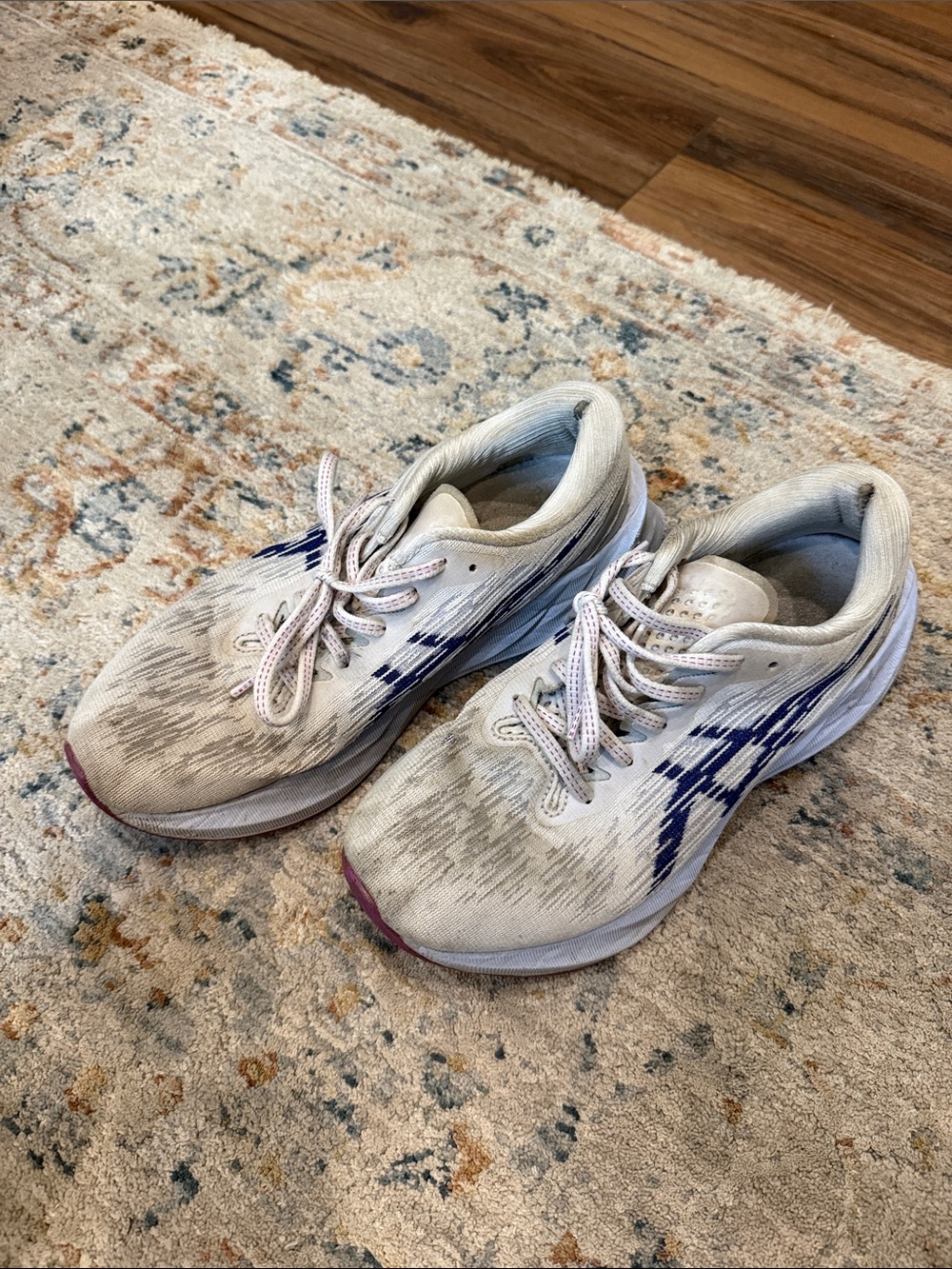 Asics White Athletic Running Shoes with Navy and Pink Accents